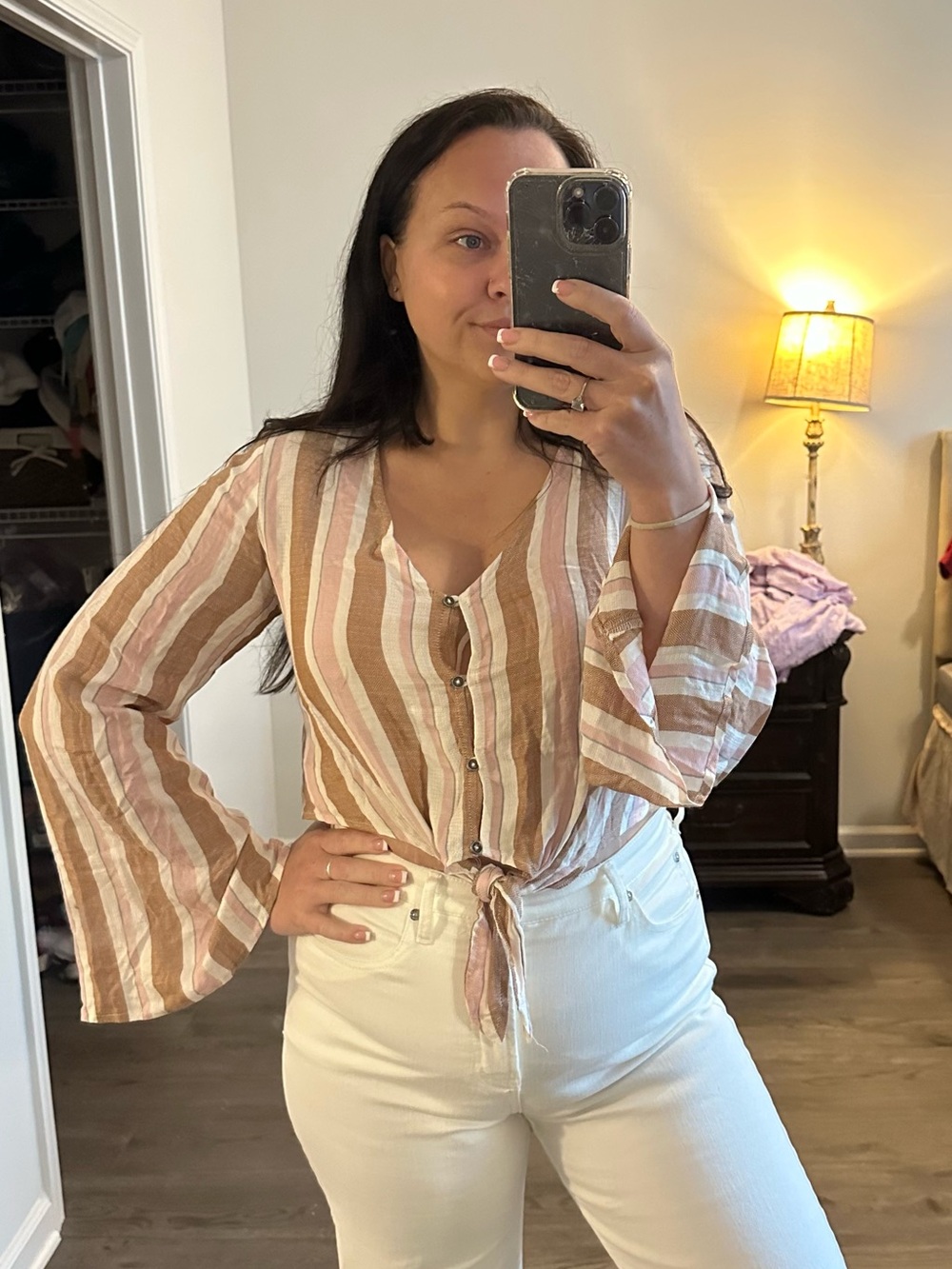 Xhilaration Striped Tie-Front Blouse in Pink and Tan